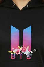 Thumbnail for PAVONINE Black Color Bts Flower-Design Pullover Hoodie Sweatshirt For Girls - Distacart