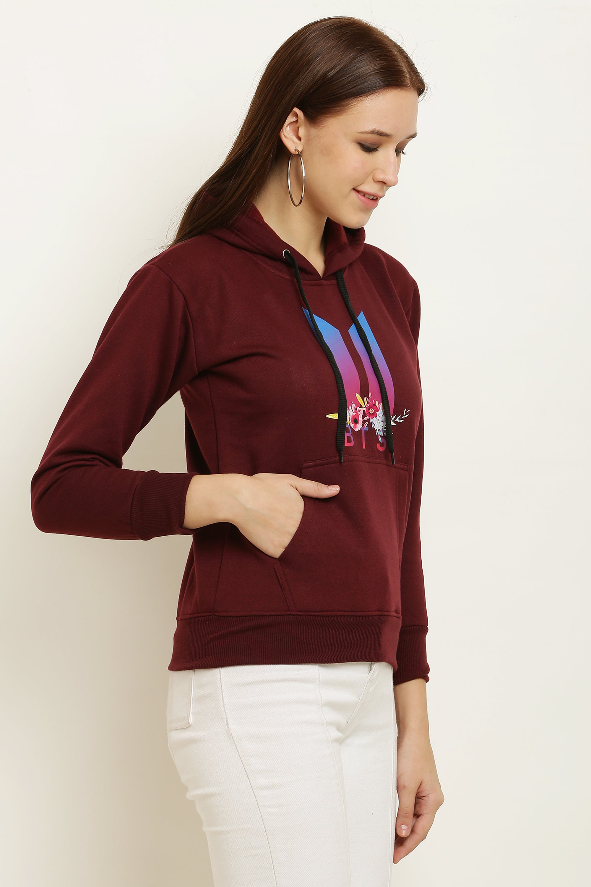 PAVONINE Maroon Color Bts Flower-Design Pullover Hoodie Sweatshirt For Girls - Distacart