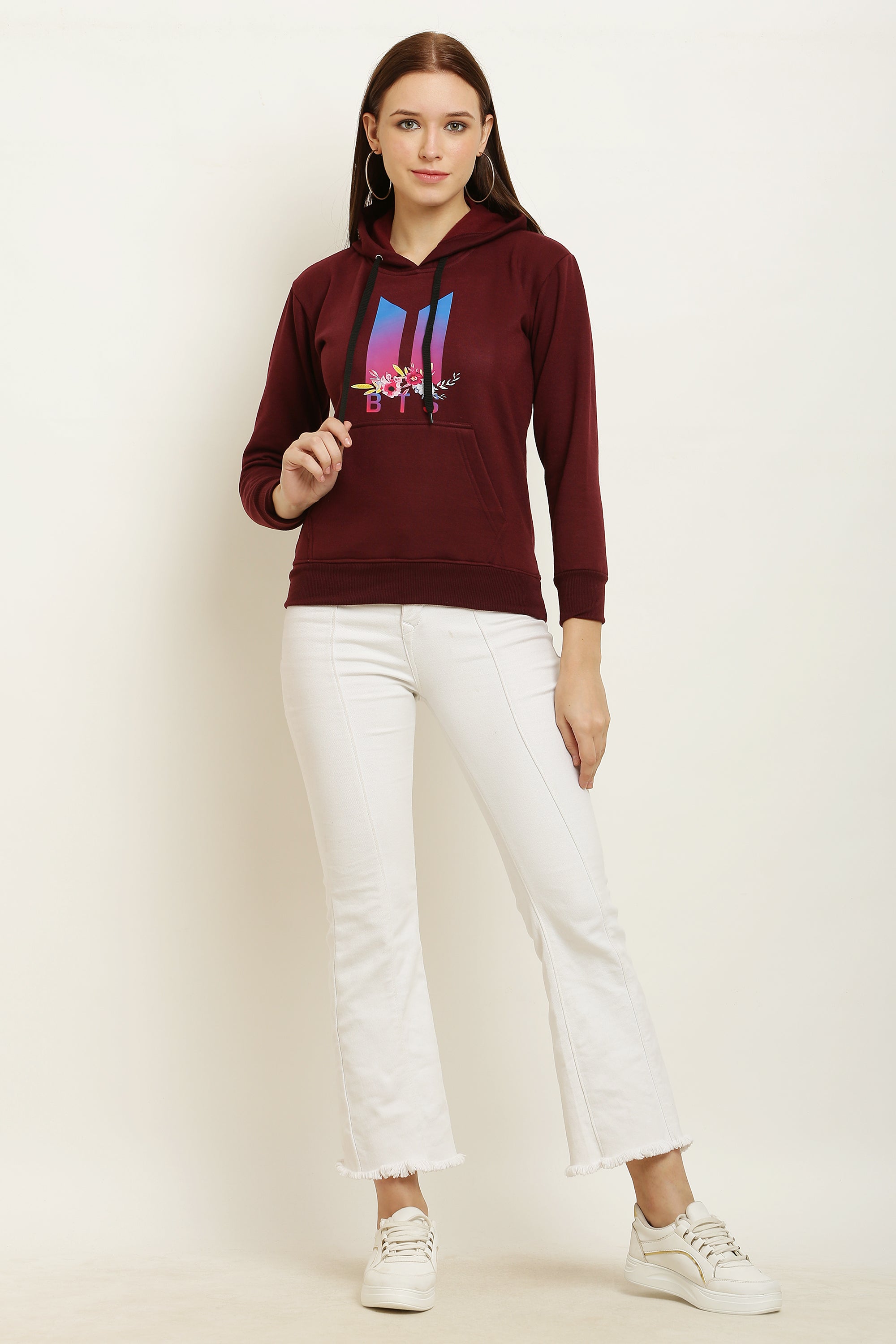 PAVONINE Maroon Color Bts Flower-Design Pullover Hoodie Sweatshirt For Girls - Distacart