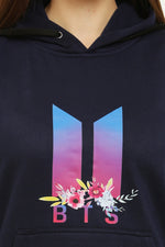 Thumbnail for PAVONINE Navy Blue Color Bts Flower-Design Pullover Hoodie Sweatshirt For Girls - Distacart