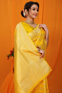 Thumbnail for Aastha Fashion Yellow Woven Banarasi Silk Saree with Blouse - Distacart