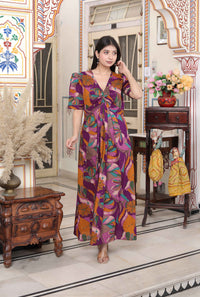 Thumbnail for Miravan Women's Floral Print Puff Sleeve Pure Cotton Fit Flare Magenta Butterfly Maxi Dress