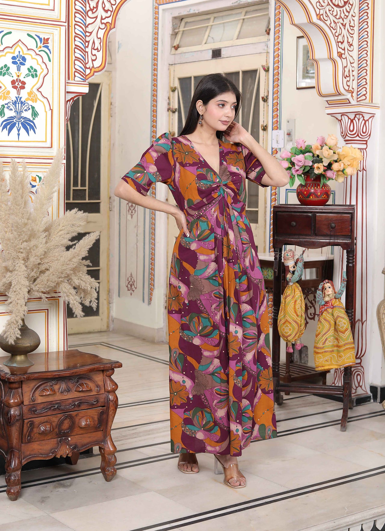 Miravan Women's Floral Print Puff Sleeve Pure Cotton Fit Flare Magenta Butterfly Maxi Dress