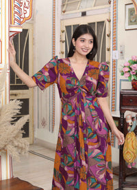 Thumbnail for Miravan Women's Floral Print Puff Sleeve Pure Cotton Fit Flare Magenta Butterfly Maxi Dress