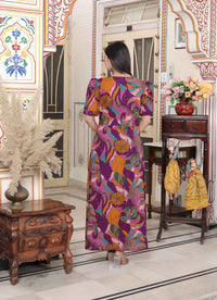 Thumbnail for Miravan Women's Floral Print Puff Sleeve Pure Cotton Fit Flare Magenta Butterfly Maxi Dress