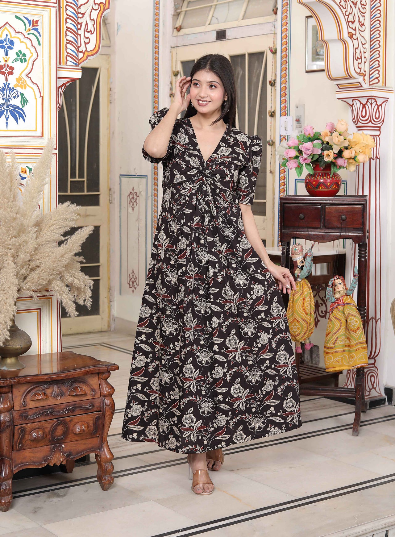 Miravan Women's Multicolored Pleated Puff Sleeve Floral Pure Cotton Butterfly Maxi Dress