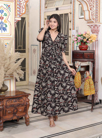 Thumbnail for Miravan Women's Multicolored Pleated Puff Sleeve Floral Pure Cotton Butterfly Maxi Dress