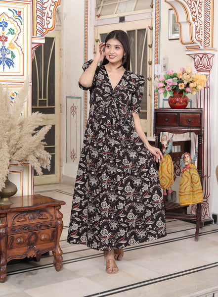 Miravan Women's Multicolored Pleated Puff Sleeve Floral Pure Cotton Butterfly Maxi Dress