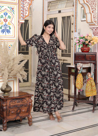 Thumbnail for Miravan Women's Multicolored Pleated Puff Sleeve Floral Pure Cotton Butterfly Maxi Dress
