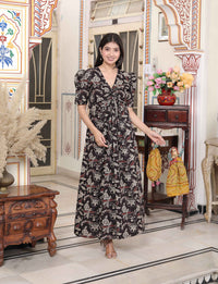 Thumbnail for Miravan Women's Multicolored Pleated Puff Sleeve Floral Pure Cotton Butterfly Maxi Dress