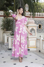 Thumbnail for Miravan Women's Pink Floral Print Puff Sleeve Pure Cotton Fit Flare Butterfly Maxi Dress - Distacart