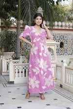 Thumbnail for Miravan Women's Pink Floral Print Puff Sleeve Pure Cotton Fit Flare Butterfly Maxi Dress - Distacart