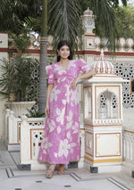 Thumbnail for Miravan Women's Pink Floral Print Puff Sleeve Pure Cotton Fit Flare Butterfly Maxi Dress - Distacart