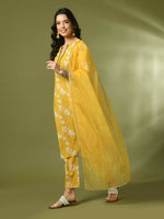 Thumbnail for Myshka Women's Yellow Printed Cotton Straight Party Kurta Set With Dupatta - Distacart