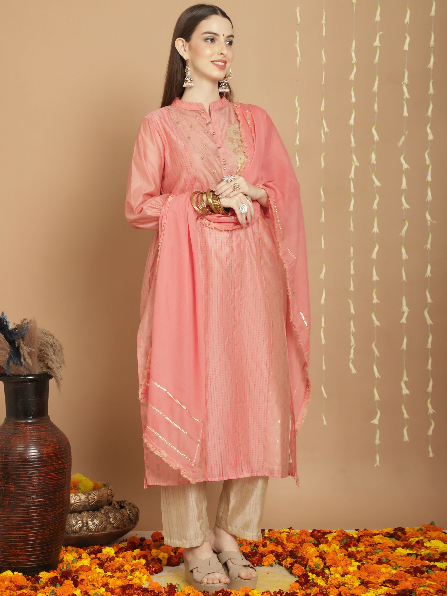 Jyoti Fashion Women's Peach Chanderi Silk Elegant Jardoshi Semi Kurta with Trouser & Dupatta - Distacart