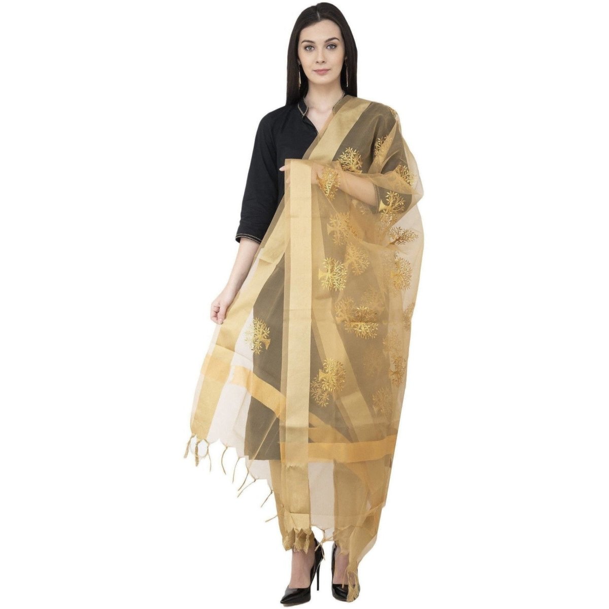 A R SILK Tissue Zari Embroidery Golden Zari Embroidery Golden Color Dupatta or Chunni