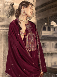 Thumbnail for Aastha Fashion Women's Maroon Velvet Floral Resham Thread with Jari work Kurta with Trouser & Dupatta - Distacart