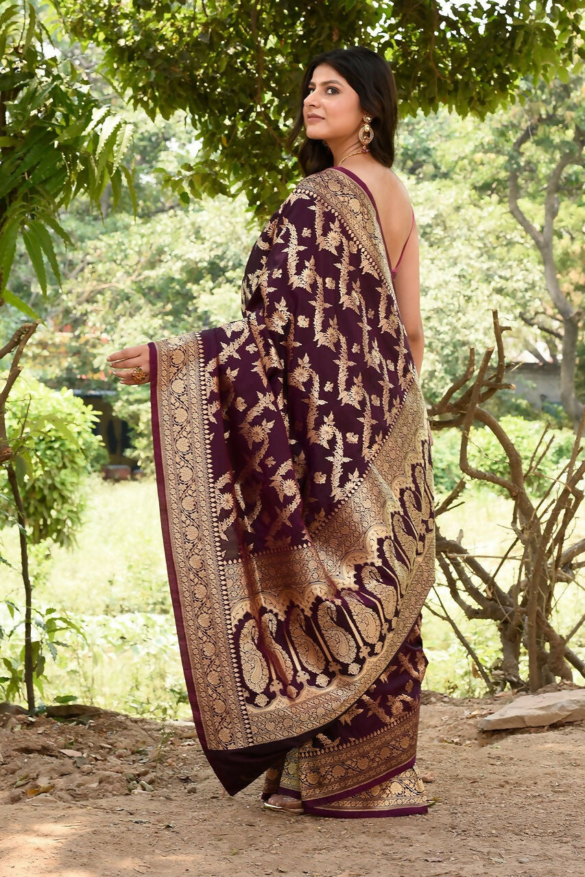 Joban Fashion Wine Banarasi Soft Pure Handloom Banarasi Silk Saree
