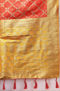 Thumbnail for Vastranavya Red Soft Patola Silk With Meenakari Weaving Motifs And Rich Zari Weaving Pallu Saree With Matching Blouse Fabric - Distacart