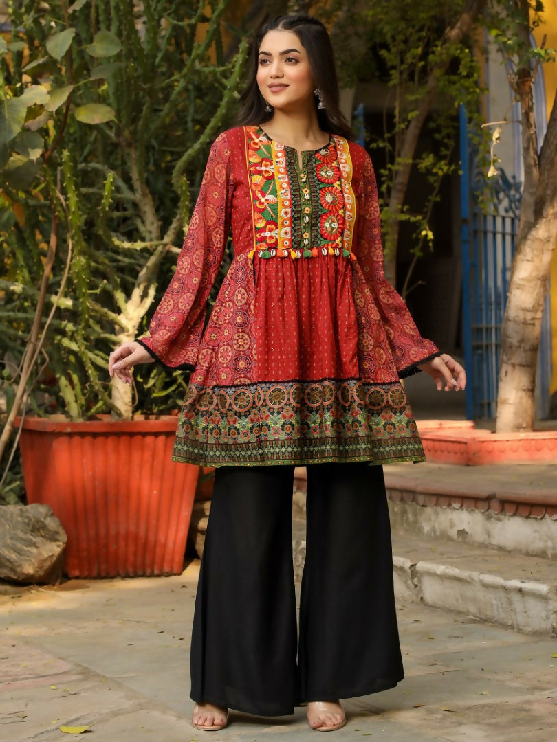 Juniper Rust Ethnic Motif Printed Cotton & Chiffon Peplum Tunic With Thread Embroidery & Tassels - Distacart
