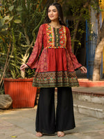 Thumbnail for Juniper Rust Ethnic Motif Printed Cotton & Chiffon Peplum Tunic With Thread Embroidery & Tassels - Distacart