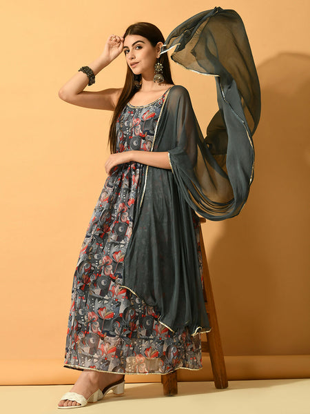 Myshka Women's Grey Festive Flared Anarkali Kurta With Dupatta sets - Distacart