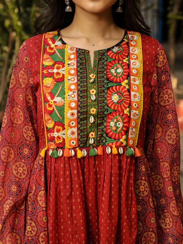 Juniper Rust Ethnic Motif Printed Cotton & Chiffon Peplum Tunic With Thread Embroidery & Tassels - Distacart