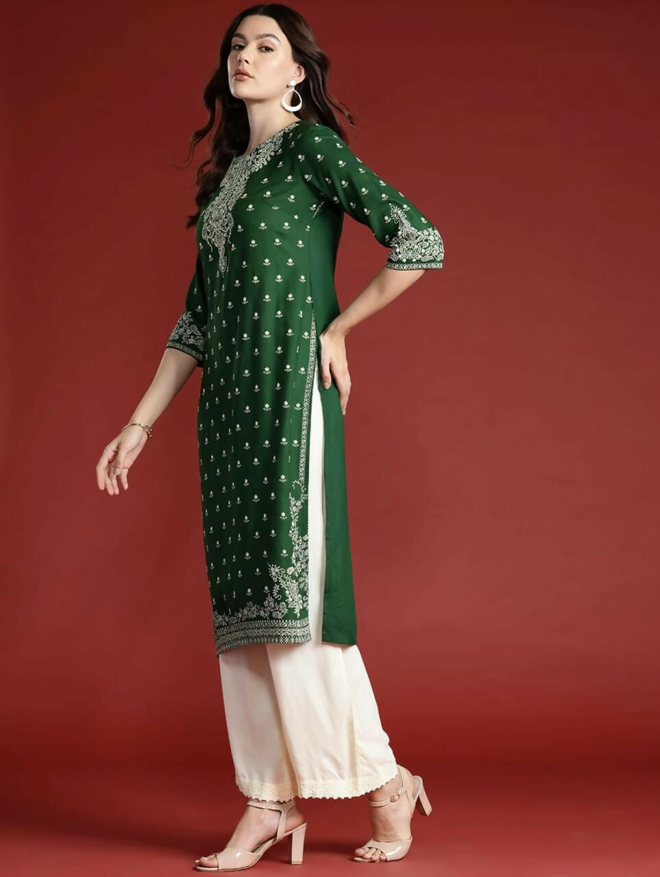 Cheera Women Stylish Hand Block Printed Cotton Blend Flared Kurta - Green - Distacart