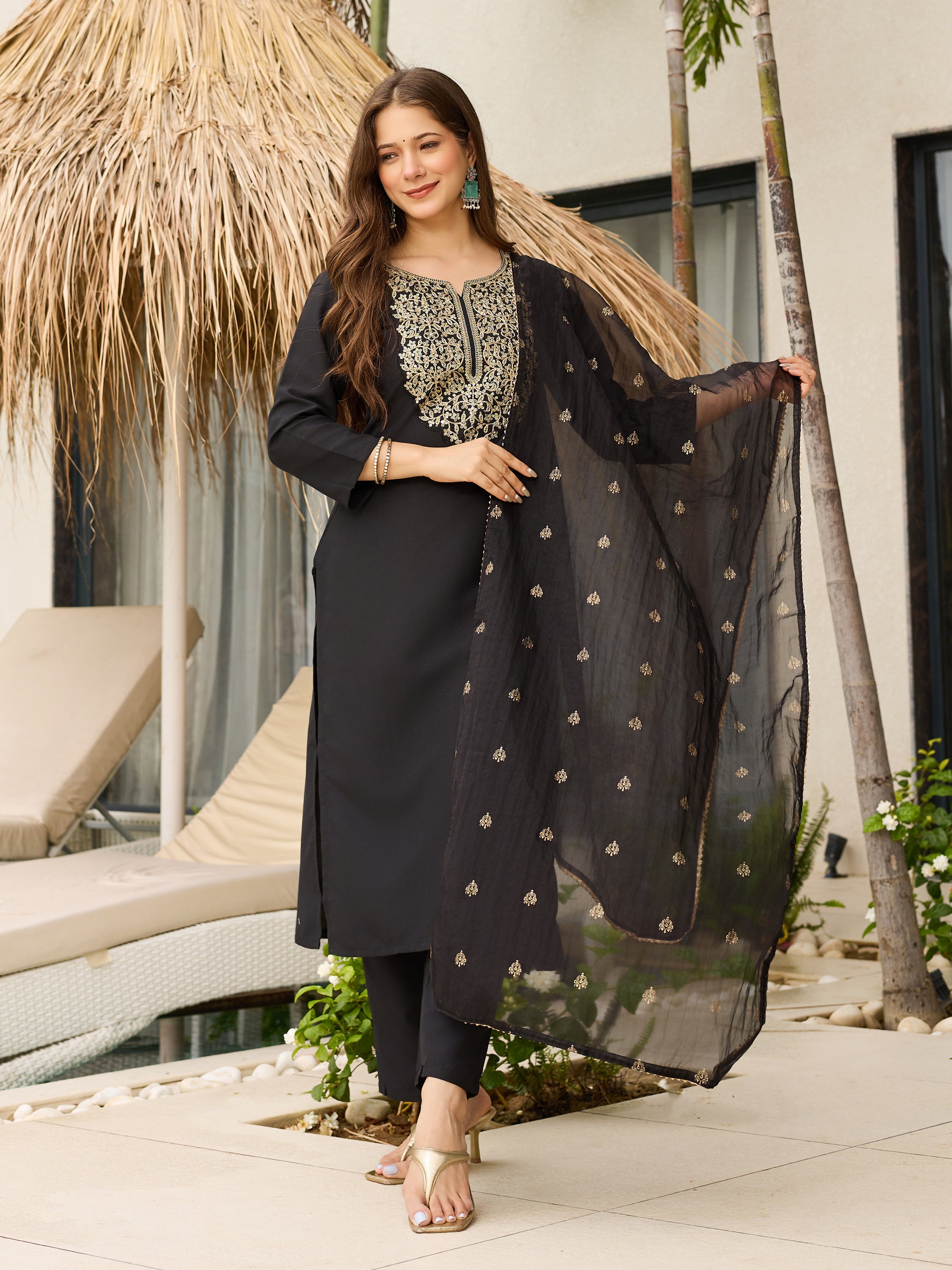 The52 Women Embroidery Work with Viscose Fabric Straight Kurta, Pant and Dupatta Set