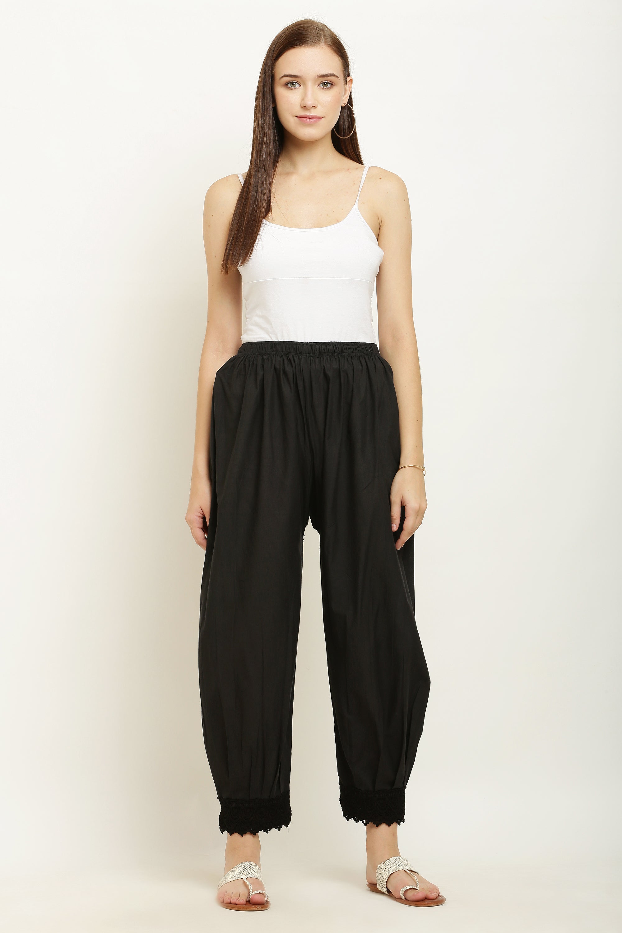 PAVONINE Black Color Afghani Style Lace Hem Cotton Fabric Palazzo For Women - Distacart