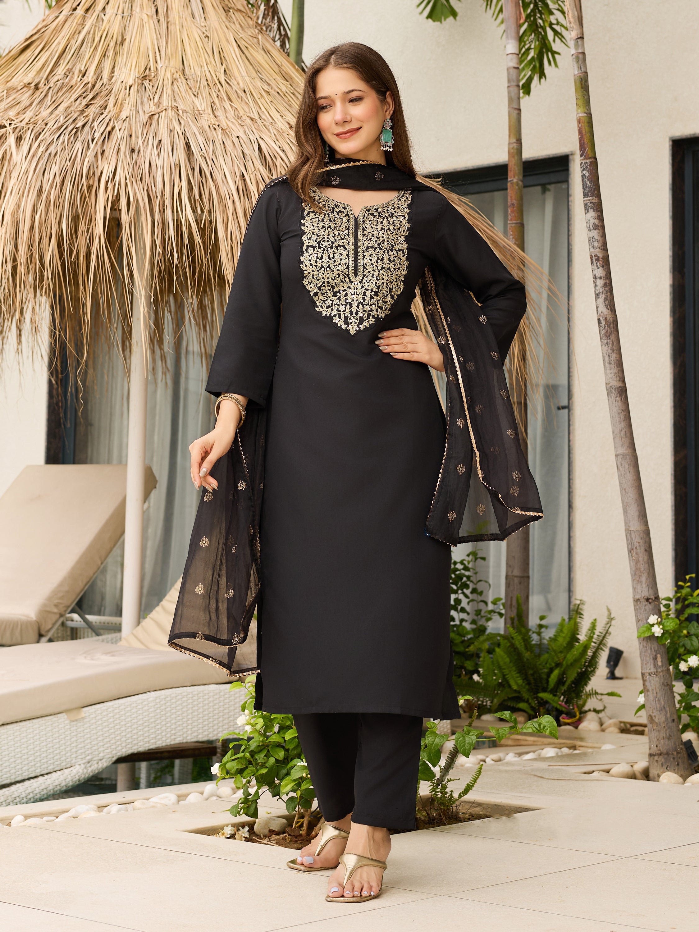 The52 Women Embroidery Work with Viscose Fabric Straight Kurta, Pant and Dupatta Set