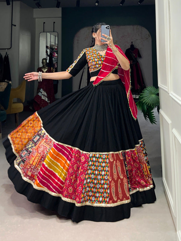 Lorenvalley Black Pure Rayon with Plain And Printed With Original Mirror Gamthi Work And Lace Touch Up Lehenga Choli - Distacart