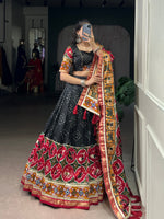 Thumbnail for Lorenvalley Fashion Black Tasar Silk Print with Foil Work and Real Mirror Gamthi Work with Lace Touch Up Lehenga Choli with Dupatta