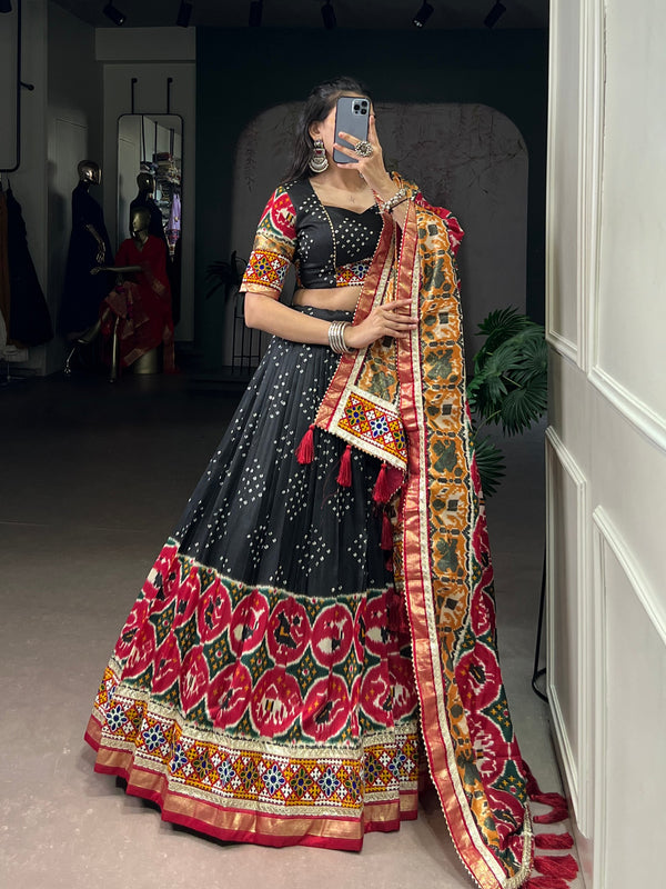 Lorenvalley Fashion Black Tasar Silk Print with Foil Work and Real Mirror Gamthi Work with Lace Touch Up Lehenga Choli with Dupatta