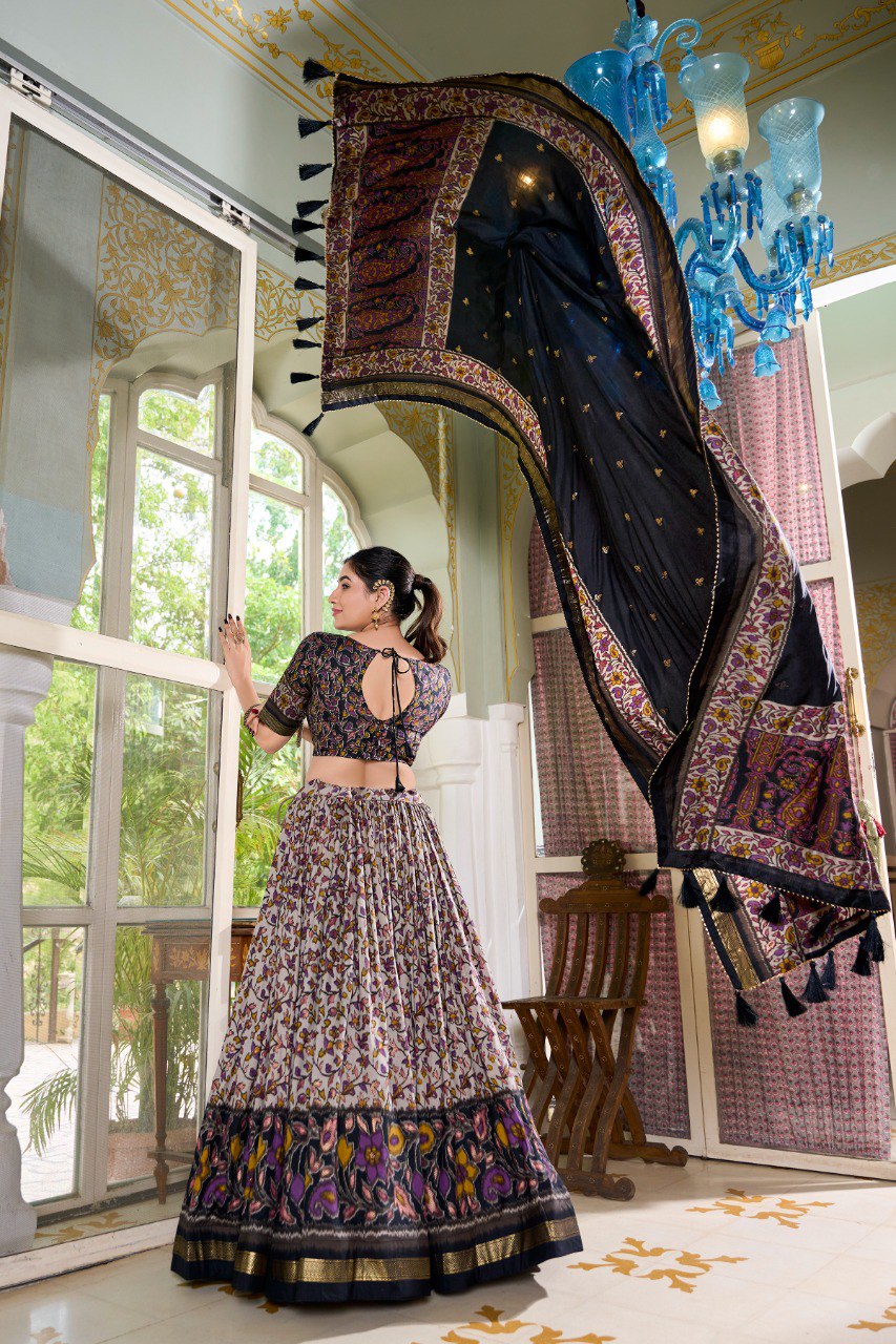 Lorenvalley Black Tussar Silk Floral Print with Foil Print Lehenga Choli with Dupatta - Distacart