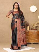 Thumbnail for Lorenvalley Fashion Black Soft Katan Silk Woven Design Copper Zari Weaving Saree - Distacart
