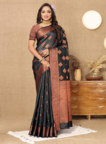 Thumbnail for Lorenvalley Fashion Black Soft Katan Silk Woven Design Copper Zari Weaving Saree - Distacart