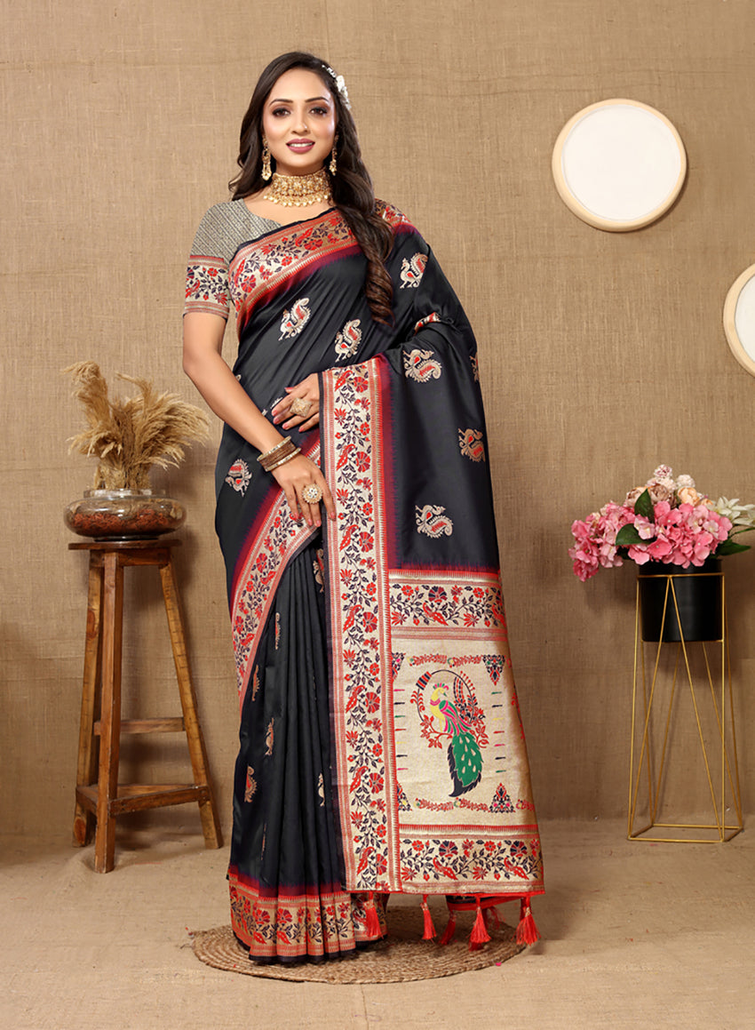 Lorenvalley Fashion Black Soft Paithani Silk Woven Design Rich Meenakari Zari Weaving Pallu Saree