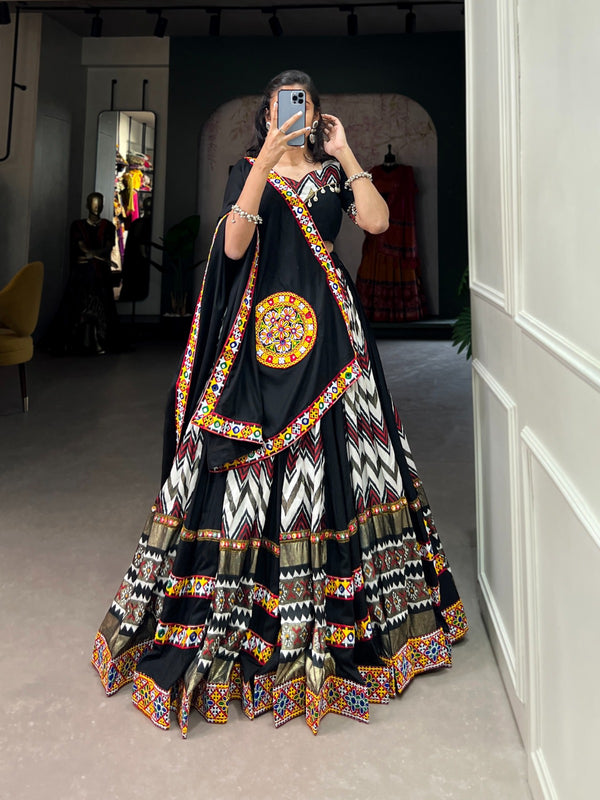 Lorenvalley Black Rayon With Printed Silk Original Mirror Gamthi Work Lehenga Choli With Dupatta - Distacart