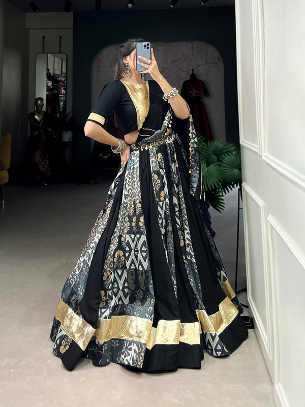 Lorenvalley Black Rayon and Tussar Silk Plain And Printed With Embossed Design Gota Lace Lehenga Choli with Dupatta - Distacart