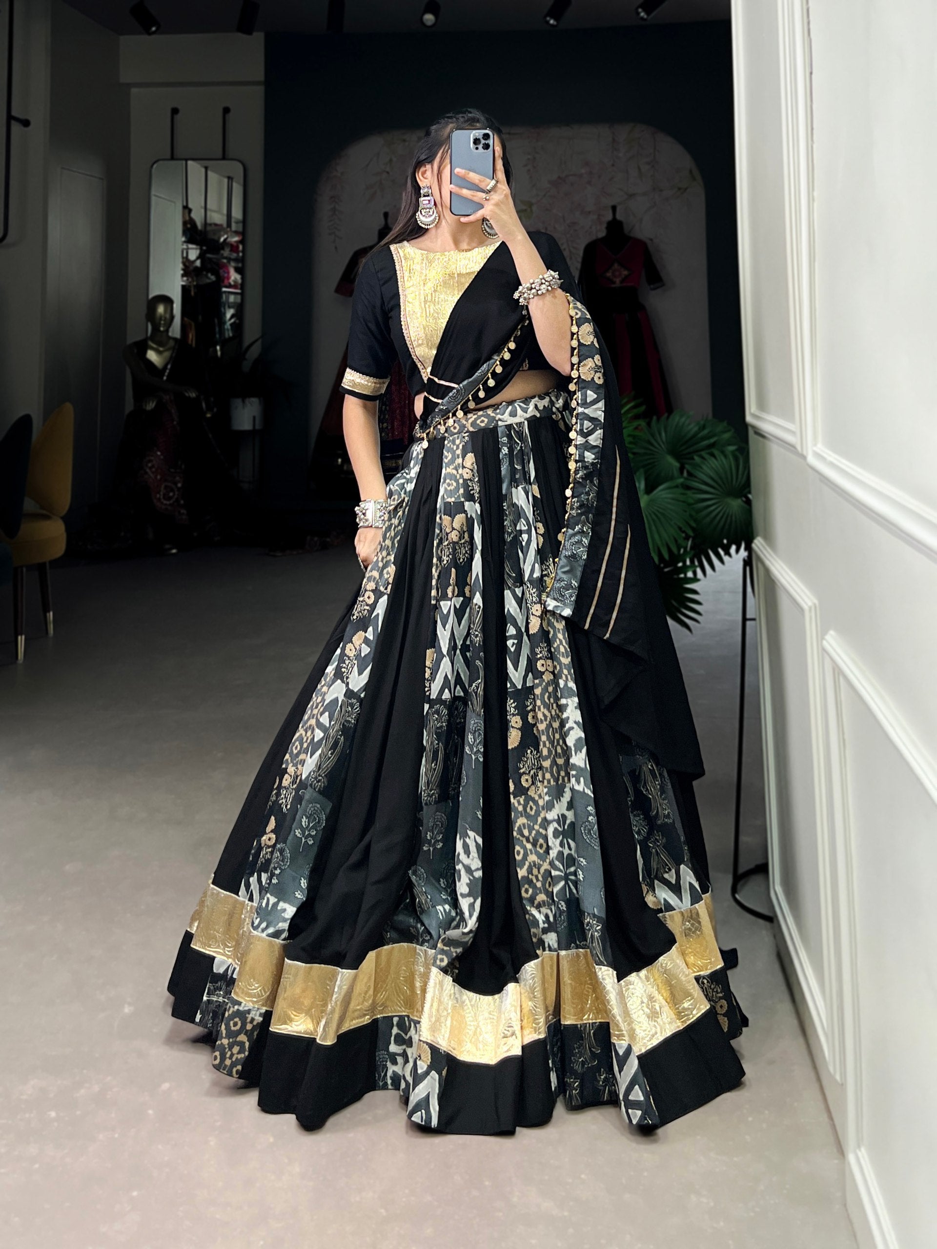 Lorenvalley Rayon and Tussar Silk Black Plain And Printed With Embossed Design Gota Lace Lehenga Choli with Dupatta - Distacart