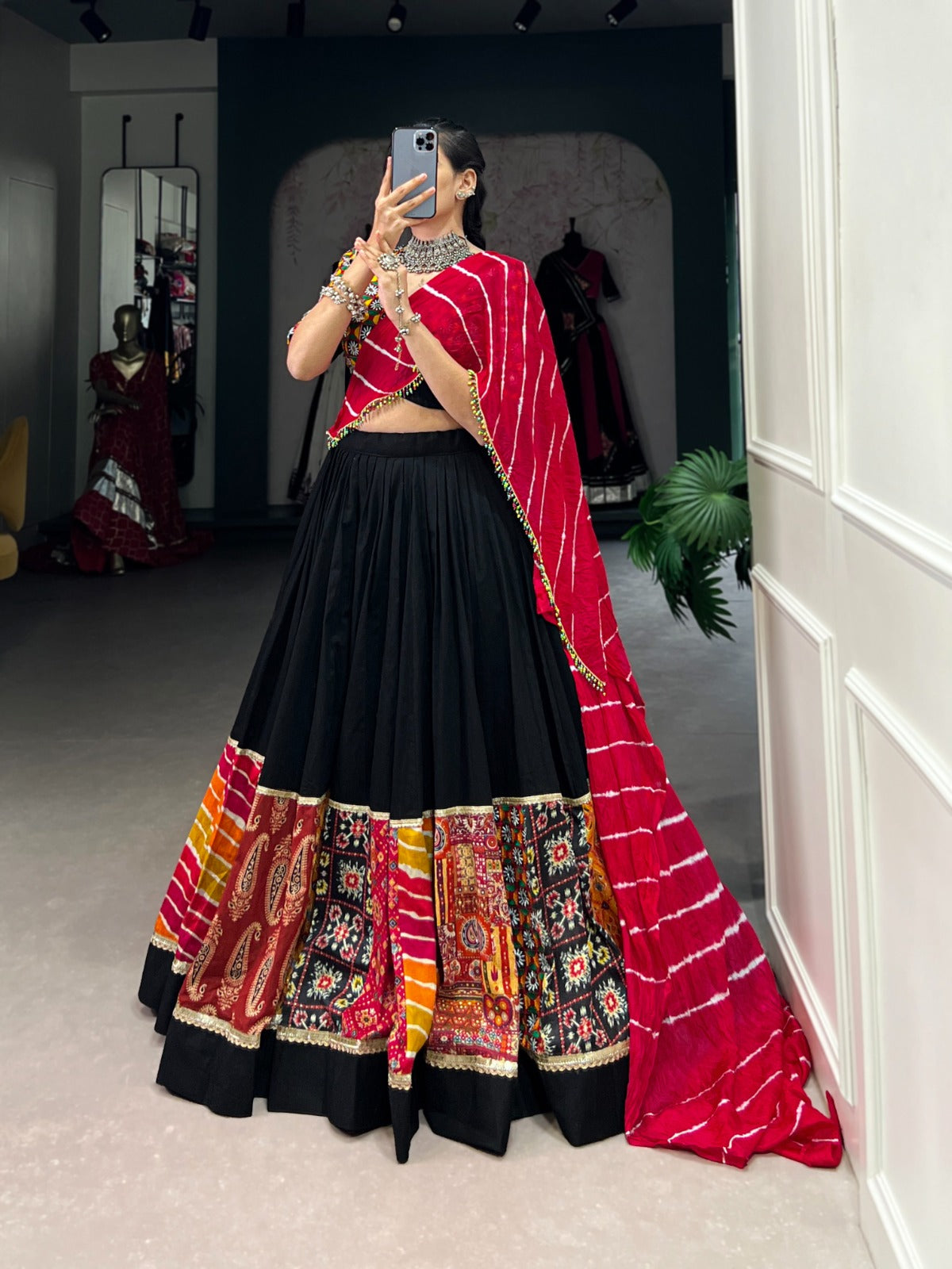 Lorenvalley Black Pure Rayon with Plain And Printed With Original Mirror Gamthi Work And Lace Touch Up Lehenga Choli - Distacart