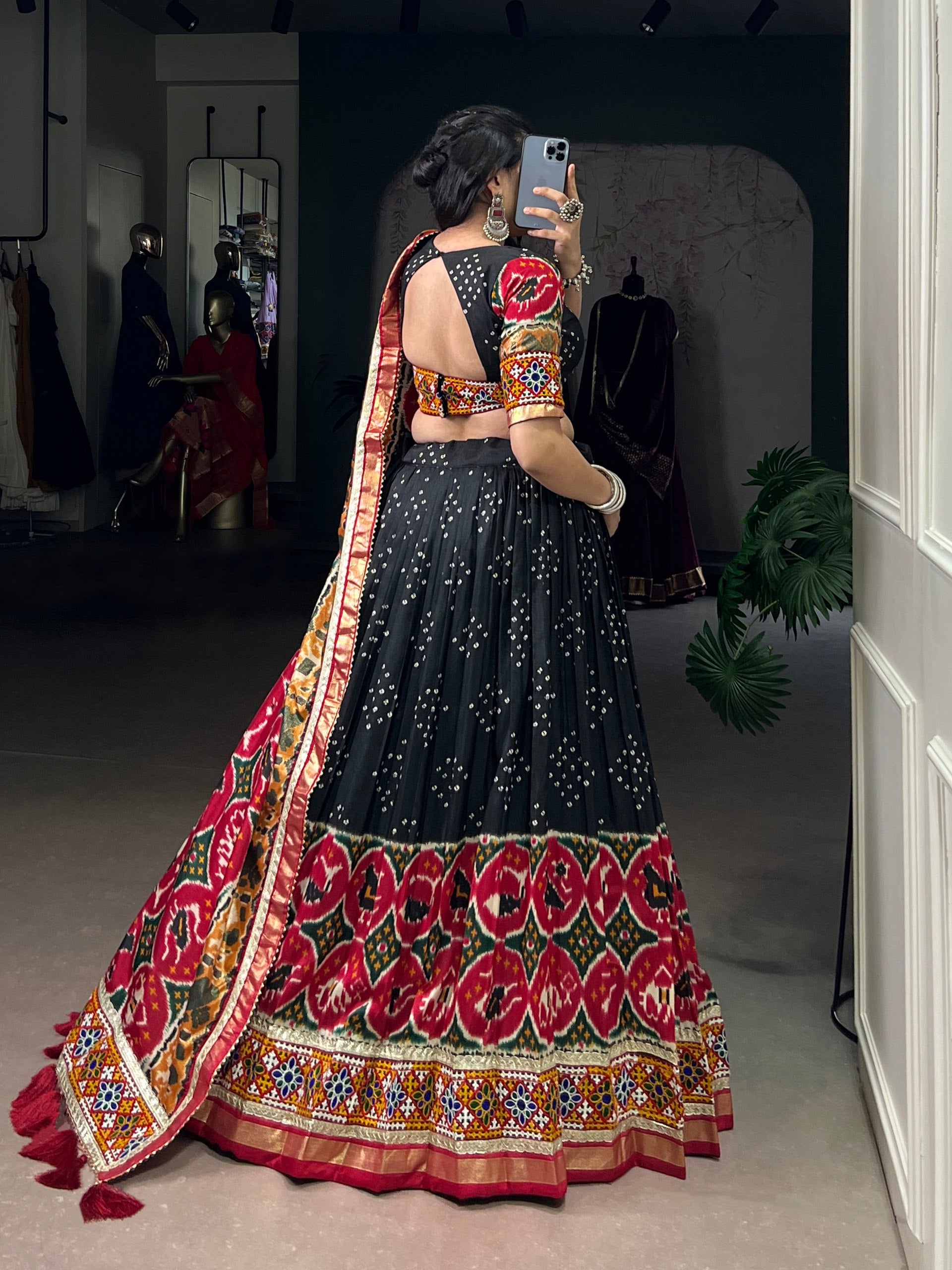 Lorenvalley Fashion Black Tasar Silk Print with Foil Work and Real Mirror Gamthi Work with Lace Touch Up Lehenga Choli with Dupatta