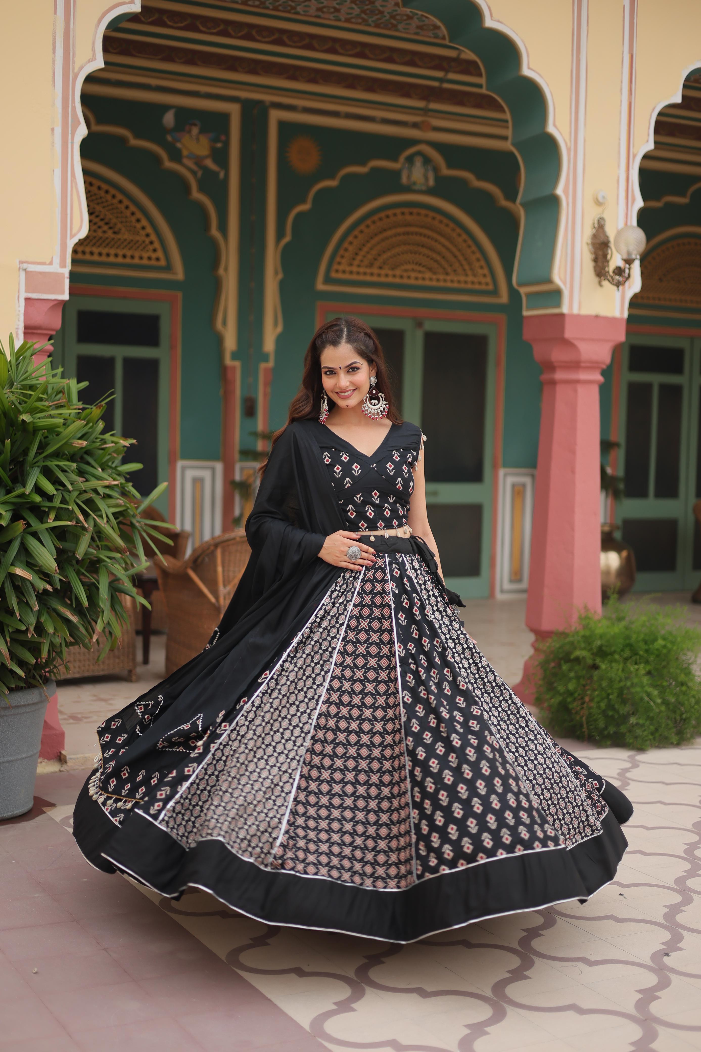 Lorenvalley Black Rayon Gota Patti Lace Printed Kali Pattern Lehenga Choli with Dupatta - Distacart