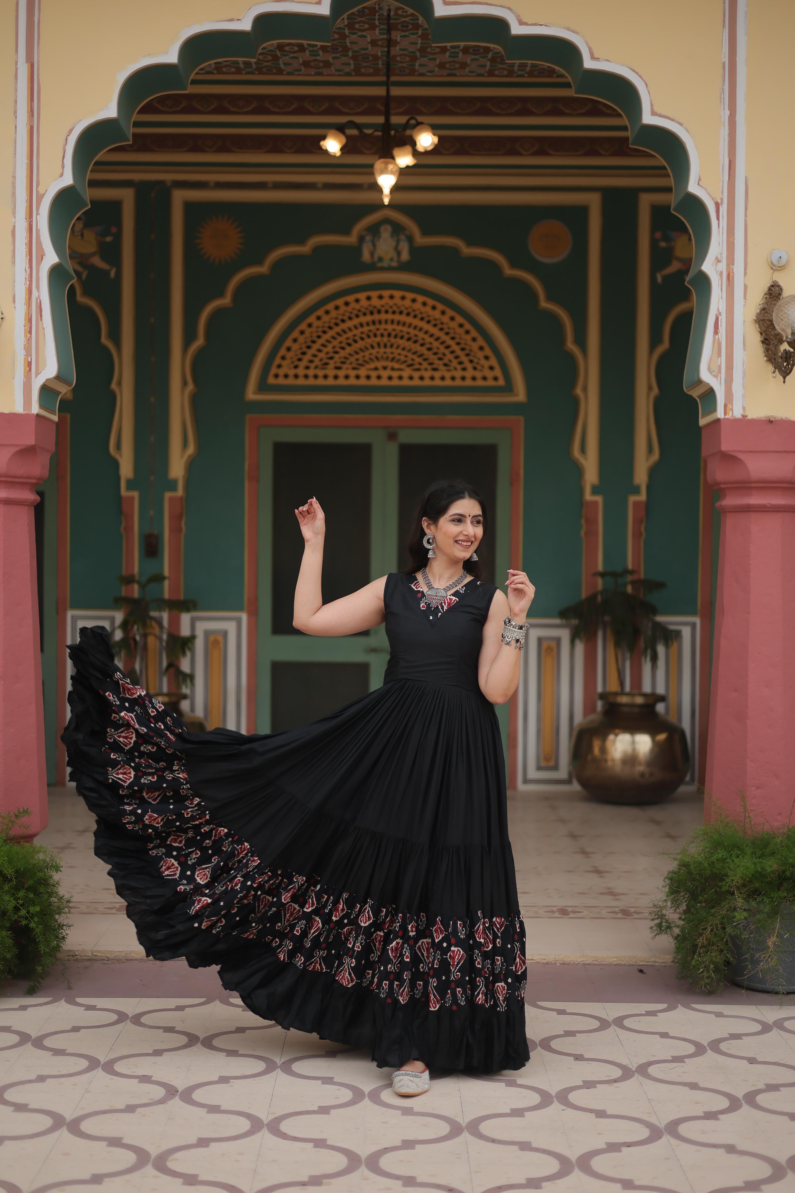 Lorenvalley Black Rayon Fabric with Printed Attached In Frill And Neck Gown - Distacart