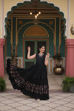 Thumbnail for Lorenvalley Black Rayon Fabric with Printed Attached In Frill And Neck Gown - Distacart