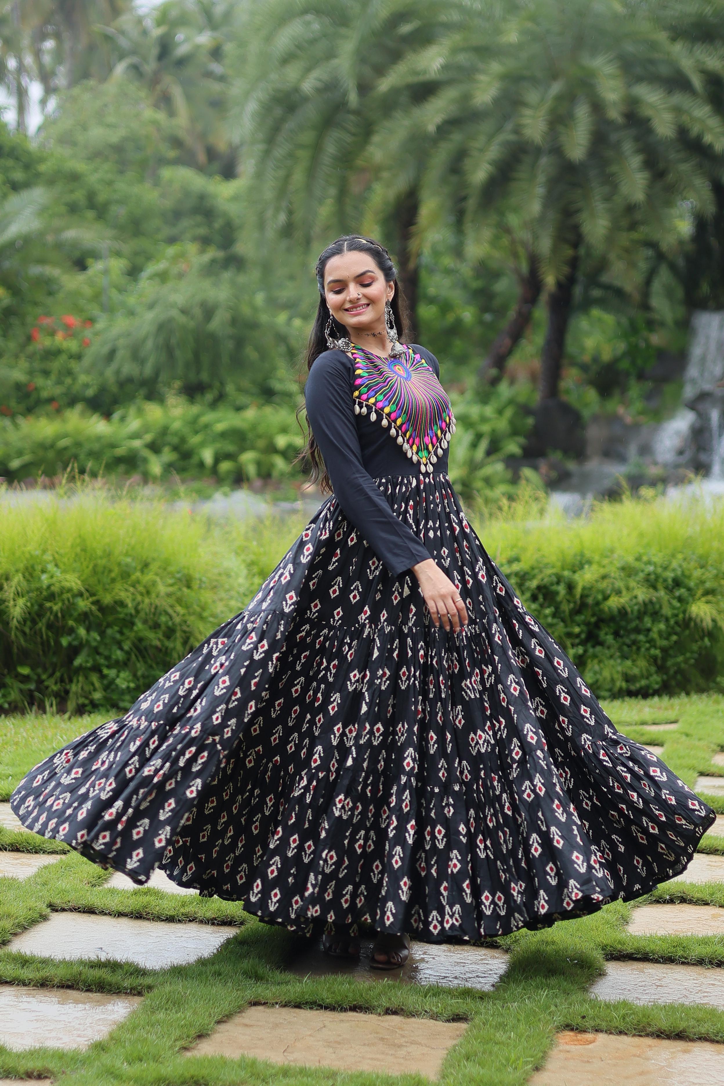 Lorenvalley Black Cotton Printed With Kutchi Gamthi Work and Kodi Lace Gown - Distacart