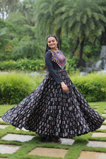 Thumbnail for Lorenvalley Black Cotton Printed With Kutchi Gamthi Work and Kodi Lace Gown - Distacart