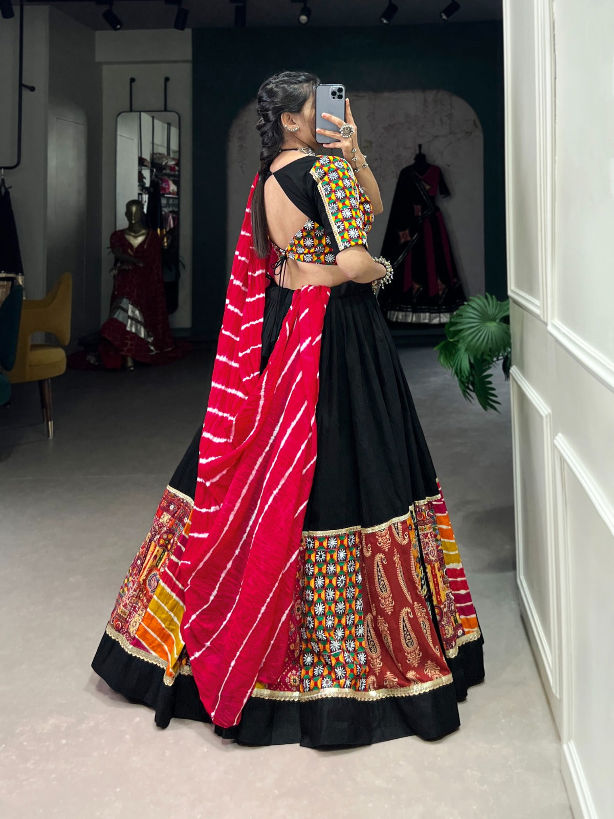Lorenvalley Black Pure Rayon with Plain And Printed With Original Mirror Gamthi Work And Lace Touch Up Lehenga Choli - Distacart