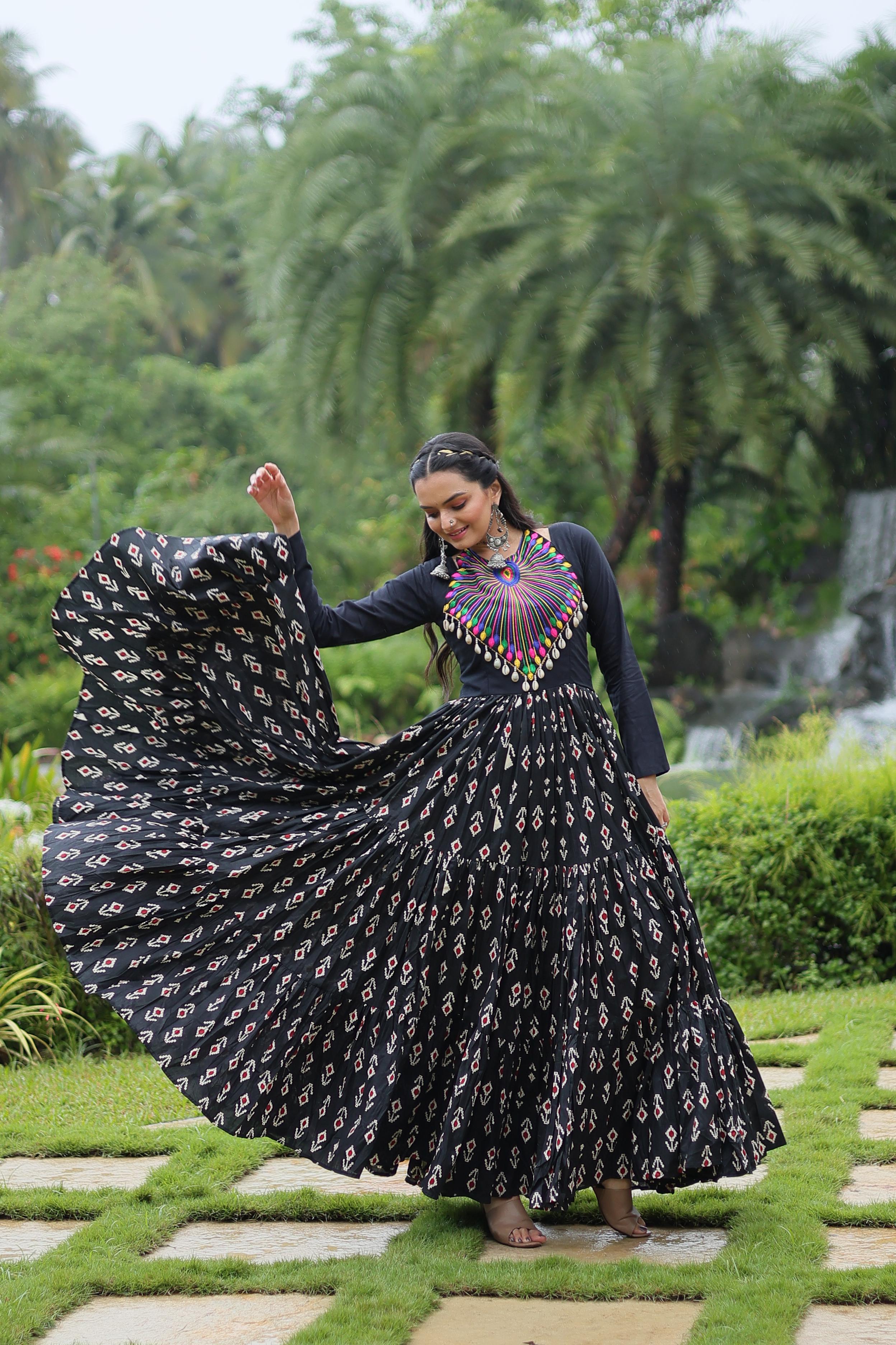 Lorenvalley Black Cotton Printed With Kutchi Gamthi Work and Kodi Lace Gown - Distacart